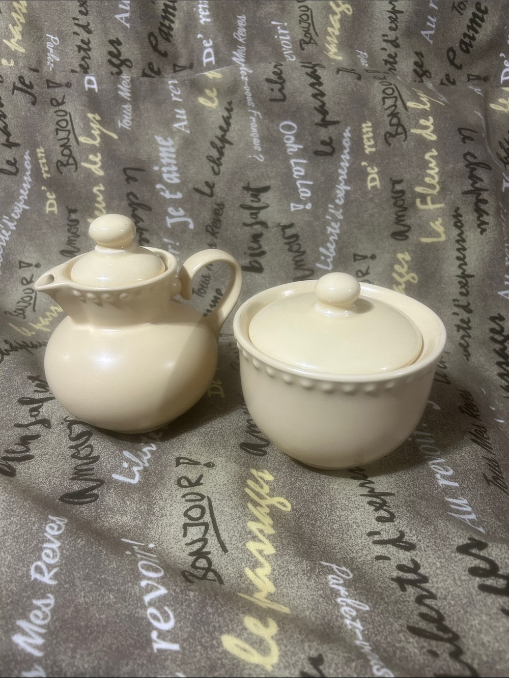 Dansk Rondure Cream Ceramic Sugar and Creamer Set with Beaded Rim
